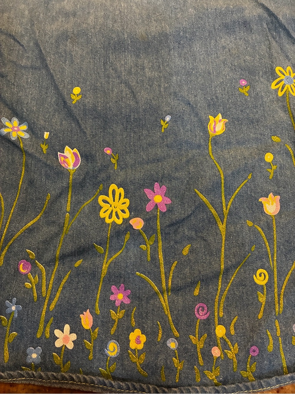 ZOEY Denim Floral Embroidered Girls' Sundress - Blue with Yellow Trim, Size: 7 - Picture 9 of 11